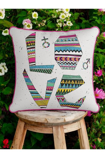 ASDİVA Colorfull Love Pattern Piping Velvet Throw Pillow Case 43X43 cm - Decorative Pillow Case