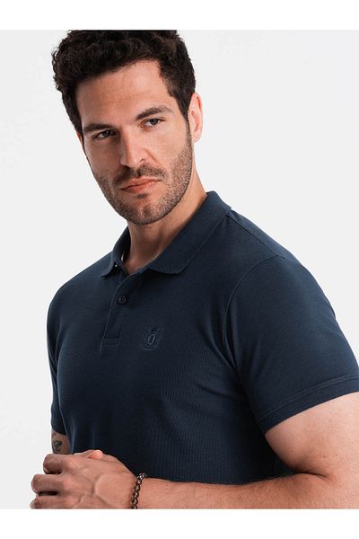 OMBRE BASIC Herren-Poloshirt aus einfarbigem Piqué-Strick - Marineblau V2 OM-POBS-0100 M