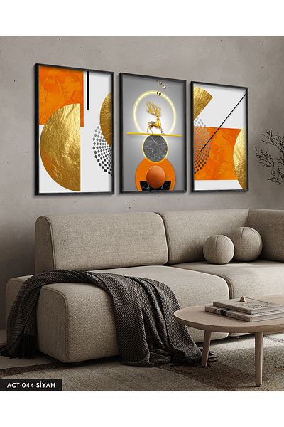 Evinemoda Auriu, cerb, geometrie, abstract, neon 3 piese pictură neagră cu cadru din lemn ACT