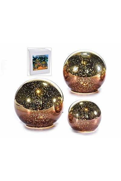 Decorer Set of 3 golden spheres with LED 10x9 cm, 13x12 cm, 15x14 cm