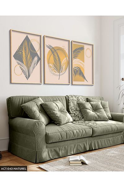 Evinemoda Artistic Feather Pattern 3 Piece Wooden Framed Painting Act