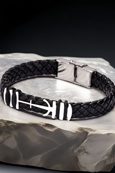 OSMANLI GÜMÜŞ Men's Steel Bracelet - Leather Braided Anchor Model Steel Bracelet