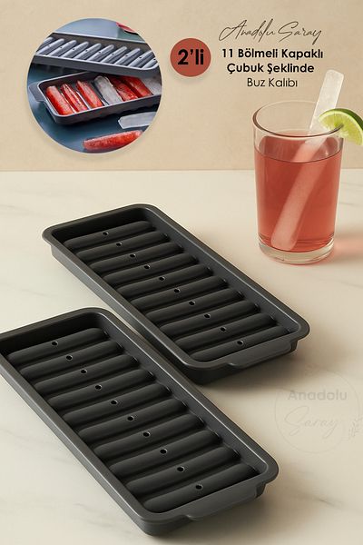 Anadolu Saray 2 Pcs 11 Compartment Covered Stick Shaped Ice Mold |   Non-Stick Bass Finger Ice Tray Stick Ice Mold