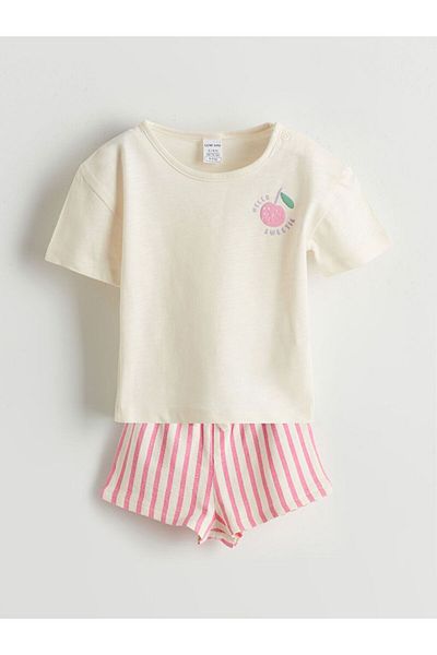 LC Waikiki Lcw Baby Printed Baby Girl T-Shirt and Striped Shorts 2-Pack