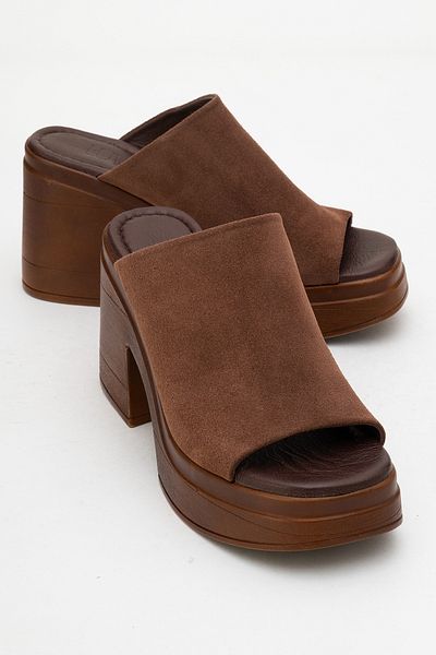 LuviShoes Nola Brown Suede Genuine Leather Women's Platform Heeled Slippers