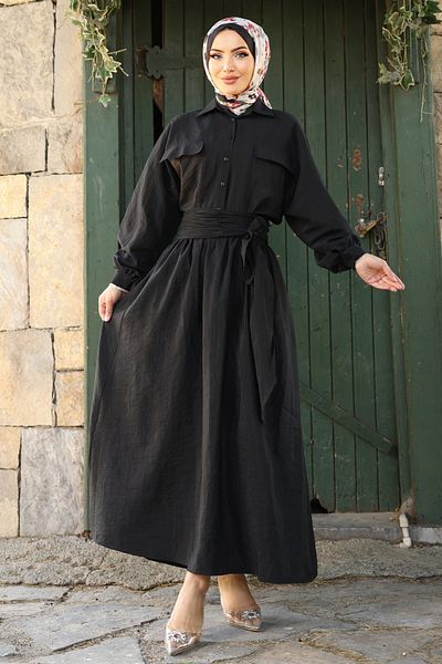 InStyle Double Pocket Balloon Sleeve Black Skirt Suit