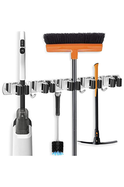 Choice1 حامل منظم للممسحة على الحائط من سيلفر - 5 خطافات، خطاف للمكنسة، خطاف ...