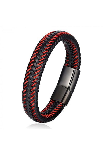 Tessero Brățară bărbătească din piele naturală împletită, cusături roșii, închizătoare magnetică, 20 cm, Tessero, neagră