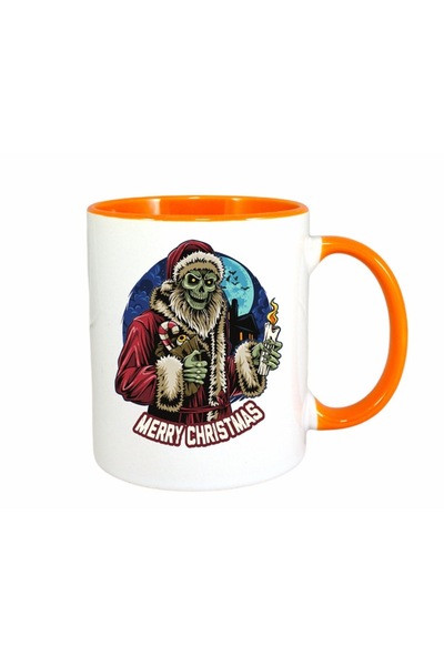 OEM Cană personalizată cu mâner portocaliu, model craniu Moș Crăciun, INOVATI...