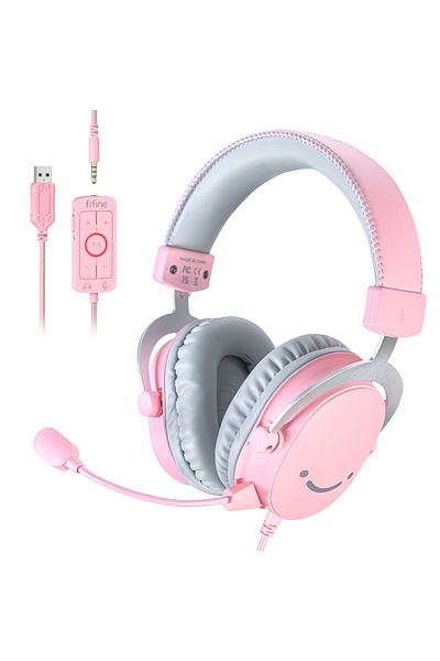 Fifine Pink FIFINE USB Gaming Headset with 7.1 Surround Sound/3.5mm Jack/Microphone,Over-Ear Wired Headphon