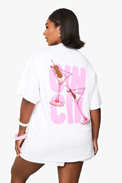 GIA - ART Plus Size Women's T-Shirt 100% Cotton White Oversize Summer Cin Cin Cocktail Glass Printed