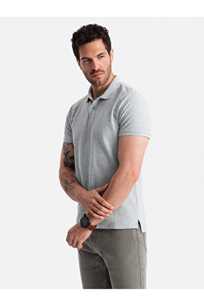 OMBRE Pánské jednobarevné polo tričko BASIC z piké úpletu - šedé V20 OM-POBS-0100 S