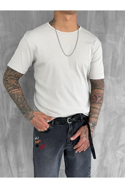 ablukaonline Ανδρικό Slim Fit Corded Basic Stretchy T-Shirt Πέτρινο χρώμα
