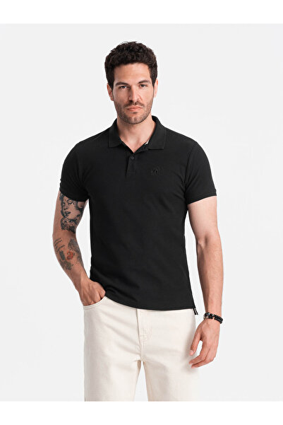OMBRE Pánské jednobarevné polo tričko BASIC z piké úpletu - černé V1 OM-POBS-0100 M
