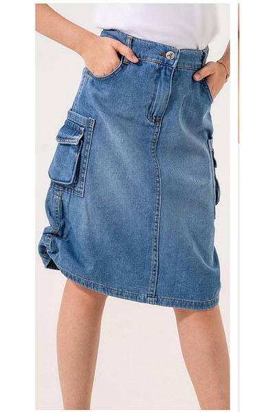 GİYİCEM TEKSTİL Fusta din denim cu șnur lateral pentru fete 2947