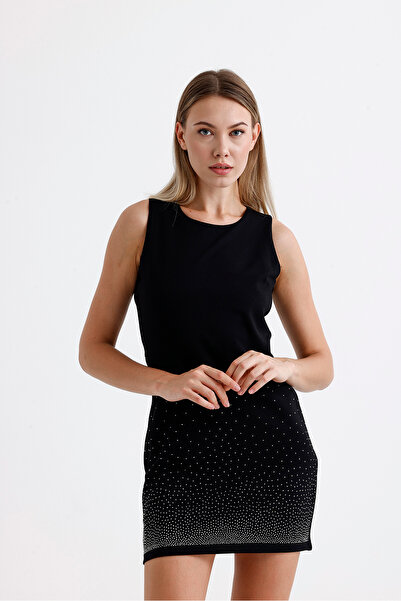 Sense Half Lined Back Zipper Rhinestone Sleeveless Scuba Crepe Evening Dress |   Elb35793 Black