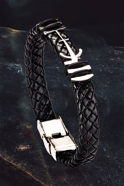 OSMANLI GÜMÜŞ Men's Steel Bracelet - Leather Braided Anchor Model Steel Bracelet