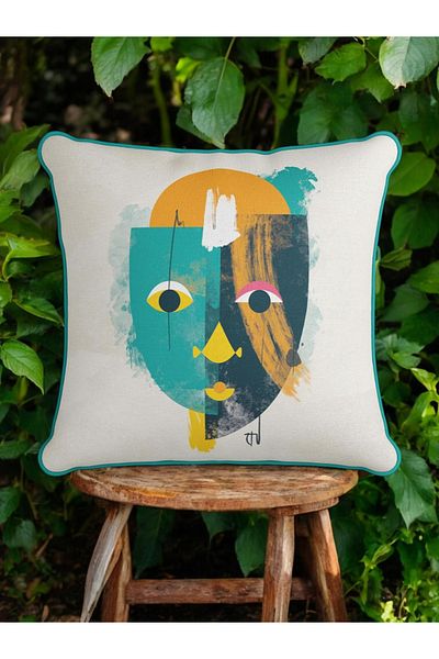 ASDİVA Colorfull Abstract Face Pattern Piping Velvet Throw Pillow Case 43X43 cm - Decorative Pillow Case