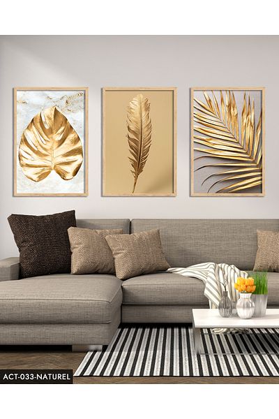 Evinemoda Gold Leaf Feather 3 Piece Wooden Framed Painting Act
