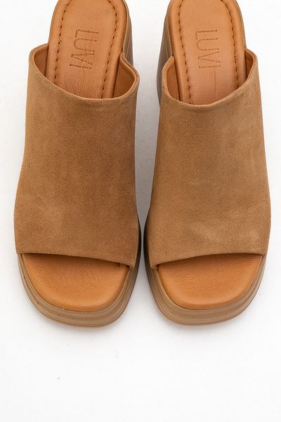 LuviShoes Nola Tan Suede Genuine Leather Women's Platform Heeled Slippers