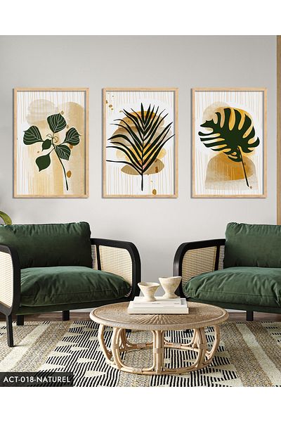 Evinemoda Green Leaf Feather 3 Piece Wooden Framed Painting Act