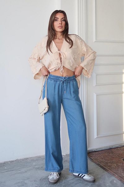 Olcay Buy Lace-Up Comfortable Cut Lyocell Trousers Blue 7585