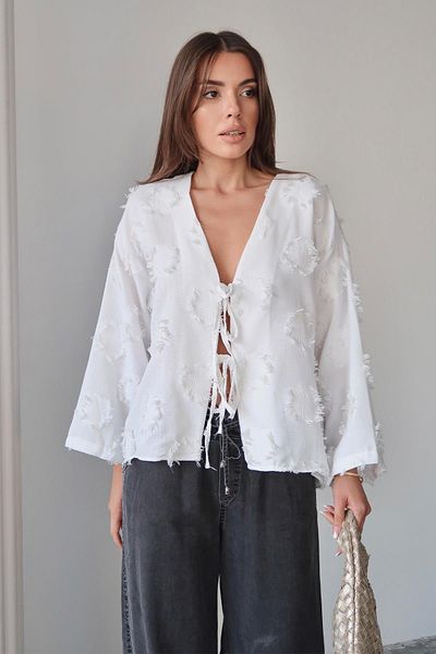 Olcay Lace Closure Tassel Patterned Shirt White 9360