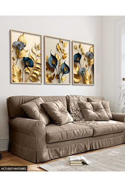 Evinemoda Zarif Altın Yapraklı Çiçekler 3 Parça Ahşap Çerçeveli Tablo ACT