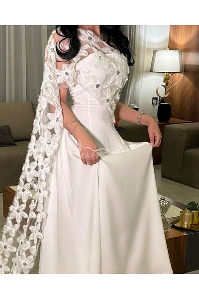 ALANOOD FASHION فستان العيد أبيض كتف واحد مزين بالورود