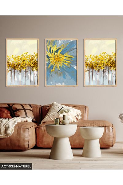 Evinemoda Blue Flower Watercolor Look 3 Piece Wooden Framed Painting Act