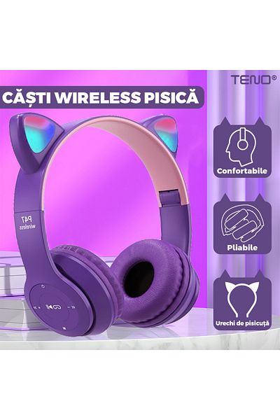 Teno Teno® Cat Wireless Headphones, P47M, over-ear, cat ears, purple