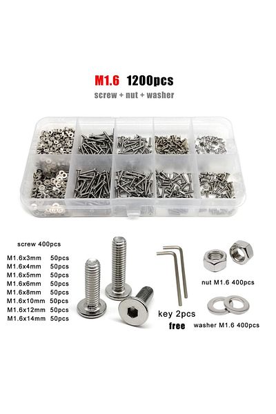 HZYUEGOU M1.6 1200pcs 1 Box M1.6 M2 M2.5 M3 M4 M5 M6 M8 304 Stainless Steel CM Hexagon Socket Allen Ultra Thi
