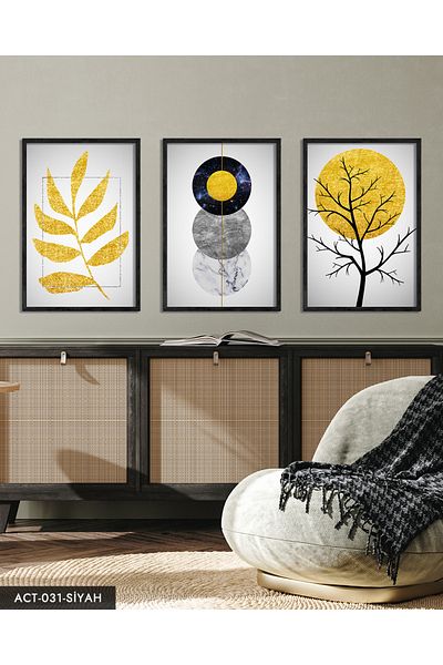 Evinemoda Gold Abstract Patterns 3 Piece Black Wood Framed Painting Act