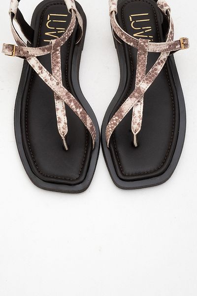 LuviShoes Jamie Brown Beige Patterned Genuine Leather Women's Flip Flops Sandals