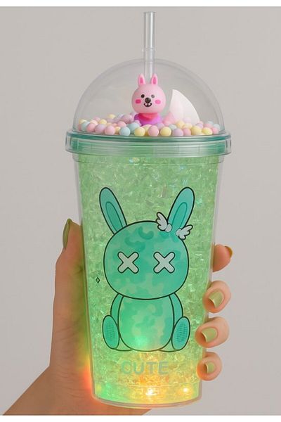 Deco Elit Straw Drinker Rabbit Led Lighted Frosted Look 450 ml Double Layer Mica Water Bottle 2087 Green