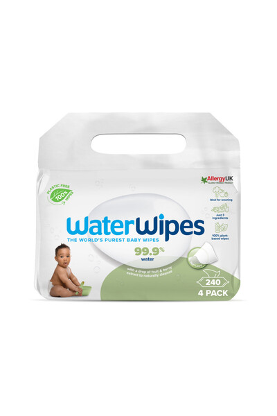 WaterWipes مناديل مبللة خالية من البلاستيك، ناعمة الملمس، للأطفال الصغار والرضع، 240 منديلًا (عبوة من 4 قطع)