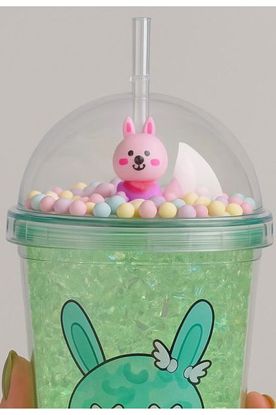 Deco Elit Straw Drinker Rabbit Led Lighted Frosted Look 450 ml Double Layer Mica Water Bottle 2087 Green