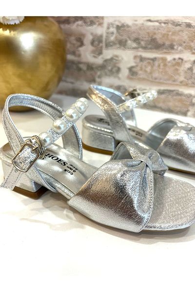 ROSE SHOES KİDS Elegant Pearl Shiny Heel Shoes Silver