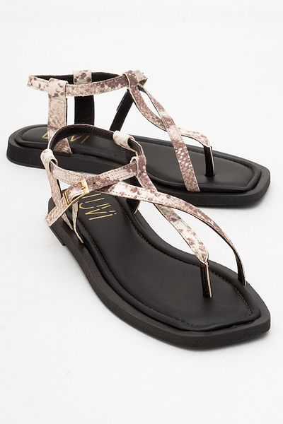 LuviShoes Jamie Brown Beige Patterned Genuine Leather Women's Flip Flops Sandals