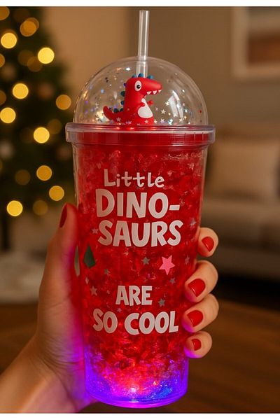 Deco Elit Led Lighted Water Bottle Frosted Glass Look with Straw 450 ml Double Layer Mica 2097 Red