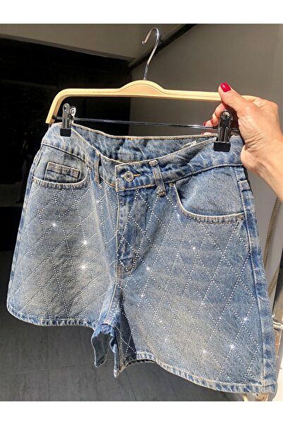 Gözde Tasarım Butik KADIN TAŞLANMIŞ MAVİ RENK TAŞLI KISA KOT ŞORT