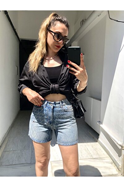 Gözde Tasarım Butik KADIN TAŞLANMIŞ MAVİ RENK TAŞLI KISA KOT ŞORT