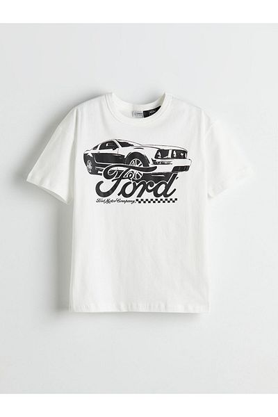LC Waikiki Ecru Crew Neck Ford Printed Boy's T-Shirt