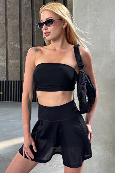 VAGGON Women's Black Elastic Waist Shorts Skirt Glasses Bag and Bustier Set V00023