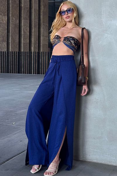 VAGGON Women's Navy Blue Slit Detailed Elastic Waist Palazzo Trousers V00046-A