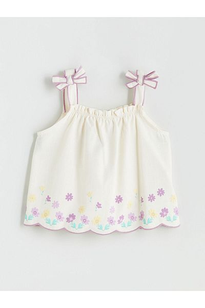 LC Waikiki Ecru Square Collar Floral Girl's Blouse and Shorts 2-Piece
