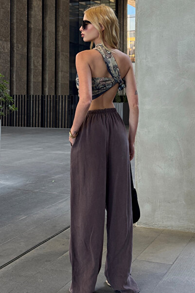 VAGGON Women's Plum Elastic Waist Palazzo Linen Trousers V00047-A