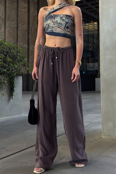 VAGGON Women's Plum Elastic Waist Palazzo Linen Trousers V00047-A