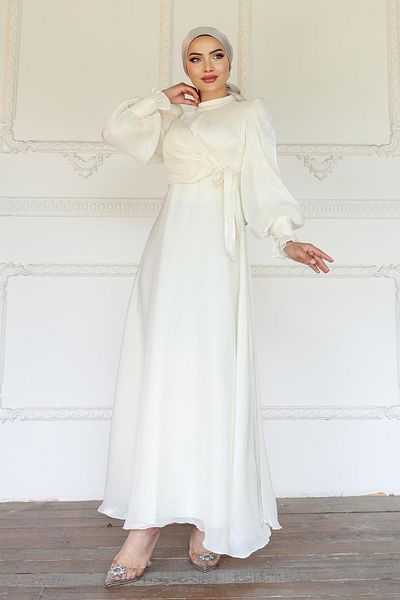 Olcay Side Tie Cuff Detail Yoryo Silk Hijab Evening Dress Ecru 1241