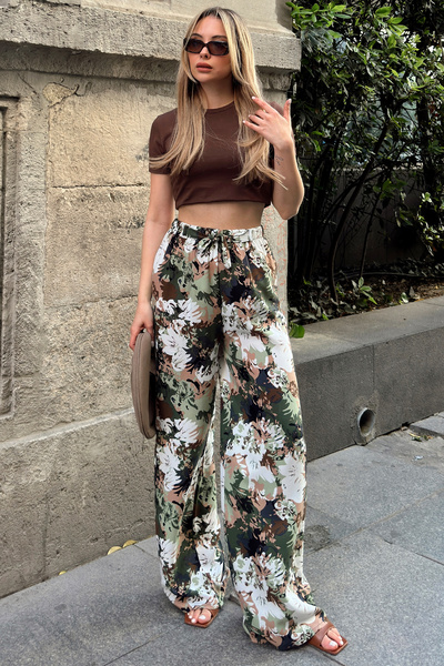 VAGGON Women's Green Lacing Pocketless Detailed Elastic Waist Comfortable Cut Pants V00018-A